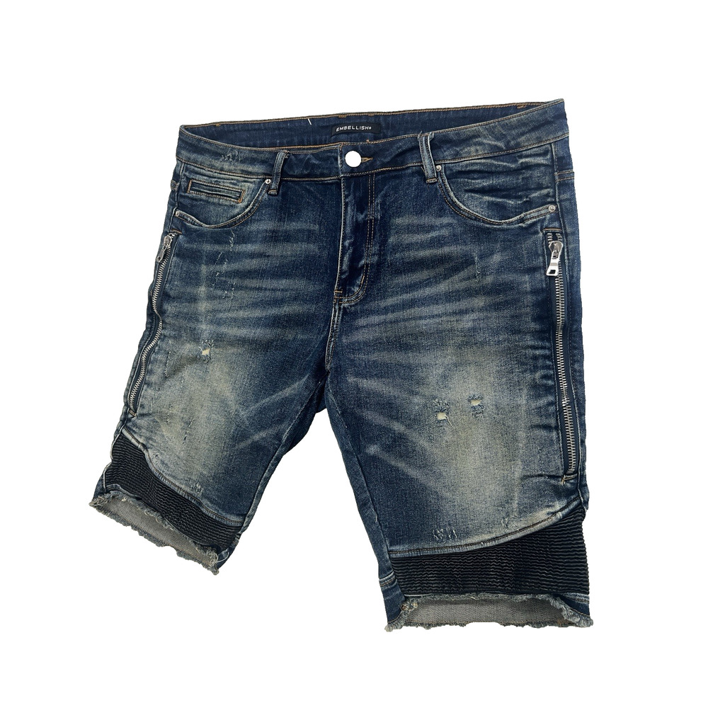 Embellish Sunny Biker Denim Shorts Men's Size 40 Indigo Distressed Moto Zip